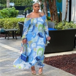 Blue Off-Shoulder Printed Long Sleeve Street Fashion Women Skirt Vintage Dress