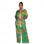 Green Women's Retro Printed Shirt Short Sleeve Pants Two Piece Set Fashion Vintage Jumpsuit