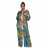 Blue Women's Retro Printed Shirt Short Sleeve Pants Two Piece Set Fashion Vintage Jumpsuit