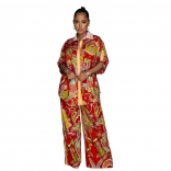 Red Women's Retro Printed Shirt Short Sleeve Pants Two Piece Set Fashion Vintage Jumpsuit