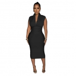 Black Women's Solid Dark V Neck Sleeveless Pleated Bodycon OL Long Dress