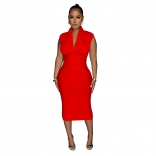 Red Women's Solid Dark V Neck Sleeveless Pleated Bodycon OL Long Dress