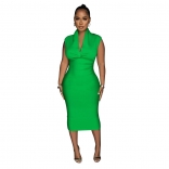 Green Women's Solid Dark V Neck Sleeveless Pleated Bodycon OL Long Dress