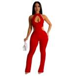 Red Fashion Women's Solid Sexy Hanging Neck Hollow Out Long Pants Jumpsuit