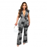 Black Fashion Women's Denim Print Lace up Sleeveless Pants Jumpsuit