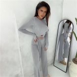 Grey Women's O-Neck Fashion Tops Bandage Party Prom Jumpsuit Dress