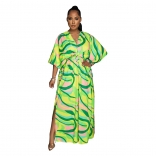 Green Fashion V-Neck Retro Printed Split Long Dress Women's Dress