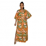 Orange Fashion V-Neck Retro Printed Split Long Dress Women's Dress