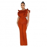 Red Women's New Fashion Ruffled Round Neck Solid Bodycon Party Sexy Jumpsuit