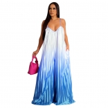 Blue Women's Sexy Deep V Neck Strap Open Back Wide Leg Pants Gradual Jumpsuit Printed Dress