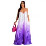 Purple Women's Sexy Deep V Neck Strap Open Back Wide Leg Pants Gradual Jumpsuit Printed Dress