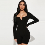 Black Women's Fashion Solid Slim Fit U Neck Long Sleeve Rompers Jumpsuit