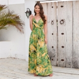 ArmyGreen Women's New Bohemian Long Skirt Printed Sexy Strap Maxi Dress