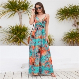 Orange Women's New Bohemian Long Skirt Printed Sexy Strap Maxi Dress