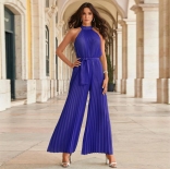 Blue Women's Fashion Hanging Neck Sleeveless Pleated Prom Jumpsuit Dresses