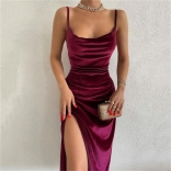 WineRed Women's Strap Sexy Slim Fit Split Evening Party Midi Dress