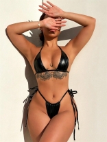 Black Women's New Leather Bikini Lace Up Swimwear Sets