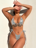 Silver Women's New Leather Bikini Lace Up Swimwear Sets