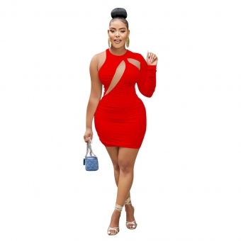 Red Women's Hollow-out Long Sleeve Sexy Bodycon Party Dress