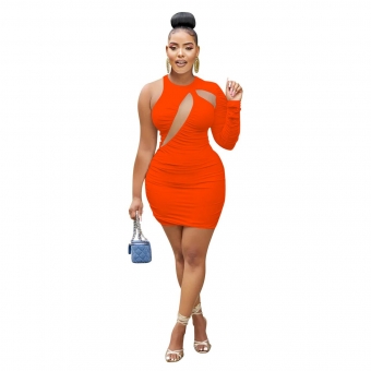 Orange Women's Hollow-out Long Sleeve Sexy Bodycon Party Dress