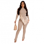 Khaki Long Sleeve Women's Knitted Cotton Tassels Bodycon Sexy Jumpsuit Sets