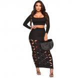 Black Threaded Square Neck High Waist Bodycon Cutout Sexy Two Piece Midi Dress