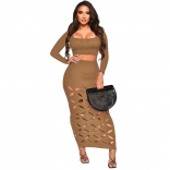 Khaki Threaded Square Neck High Waist Bodycon Cutout Sexy Two Piece Midi Dress