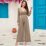 Khaki Women's V-Neck Sexy Crop Tops Two Piece Set Formal Jumpsuit