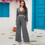 DarkGrey Women's V-Neck Sexy Crop Tops Two Piece Set Formal Jumpsuit