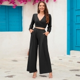 Black Women's V-Neck Sexy Crop Tops Two Piece Set Formal Jumpsuit