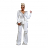 White Long Sleeve Belt Women Fashion Coat Bodycon Sexy Long Pants Jumpsuit