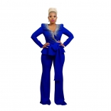 Blue Long Sleeve Belt Women Fashion Coat Bodycon Sexy Long Pants Jumpsuit