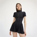 Black Women's Sexy Skirt Bodysuit Ladies Round Neck Short Sleeve Rompers