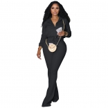 Black Long Sleeve Zipper V-Neck Fashion Women Casual Jumpsuit Dress