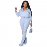 LightBlue Long Sleeve Zipper V-Neck Fashion Women Casual Jumpsuit Dress
