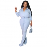 LightBlue Long Sleeve Zipper V-Neck Fashion Women Casual Jumpsuit Dress