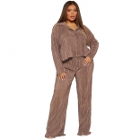 Brown Long Sleeve Short Top Long Sleeve Pleated Sexy Casual Jumosuit Set