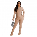 Khaki Long Sleeve Irregular Knitted Thread Hollow Casual Jumpsuit Dress Set