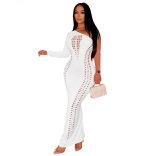 White One Shoulder Sleeve Burt-Out Hollow Sexy Nightclub Midi Dress