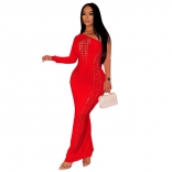 Red One Shoulder Sleeve Burt-Out Hollow Sexy Nightclub Midi Dress