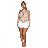 White Women's Sexy Mesh Tight Hanging Neck Rhinestones Sexy Bodycon Sexy Jumpsuit