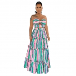 Green Fashion Women's Straps Sleeveless Stripe Printed Long Dress Two Piece Set