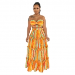 Orange Fashion Women's Straps Sleeveless Stripe Printed Long Dress Two Piece Set