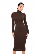 Coffee Women's Fashion Turtle Neck Long Sleeve Bodycon Party Midi Dress