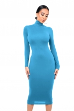 SkyBlue Women's Fashion Turtle Neck Long Sleeve Bodycon Party Midi Dress