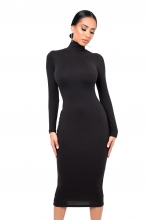 Black Women's Fashion Turtle Neck Long Sleeve Bodycon Party Midi Dress