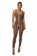 Serpentine Women's Straps U-neck Party Bodycon Printed Leopard Sexy Jumpsuit