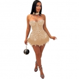 Beige Women's Sexy Mesh Rhinestone Pearls Perspective Nightclub Jumpsuit Feather