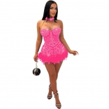 RoseRed Women's Sexy Mesh Rhinestone Pearls Perspective Nightclub Jumpsuit Feather