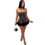 Black Women's Sexy Mesh Rhinestone Pearls Perspective Nightclub Jumpsuit Feather